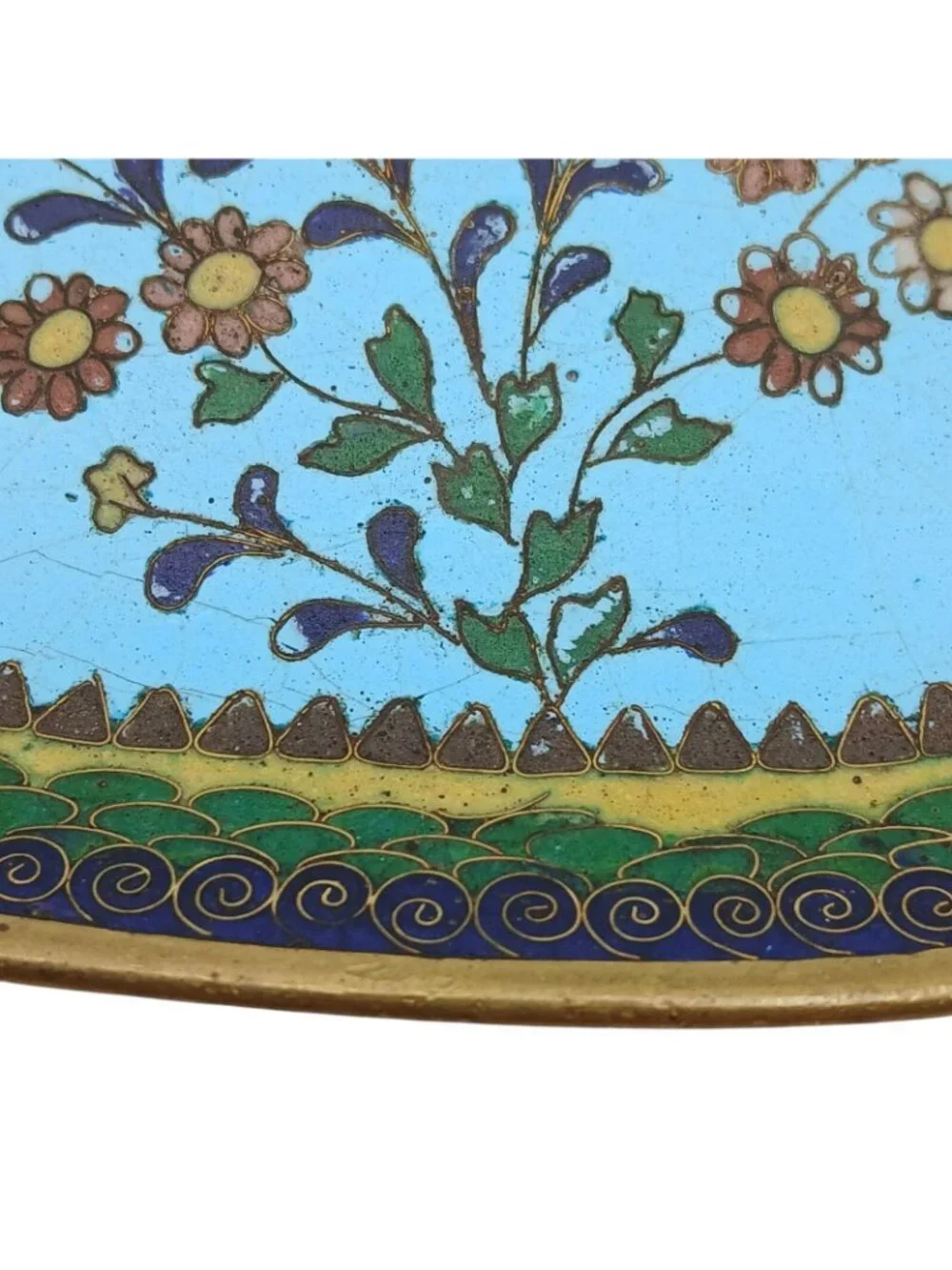 Vintage Chinese Cloisonné Oval Trinket Dish Floral Enamel Turquoise 5”